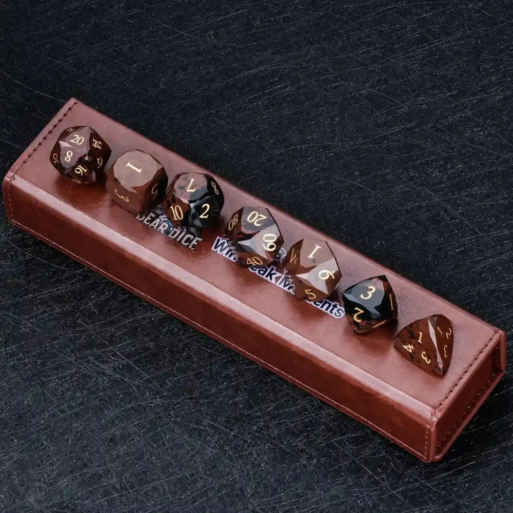 Reddish-brown Natural Gemstone DND Dice Set | Diamond Cut Gold Font RPG Dice