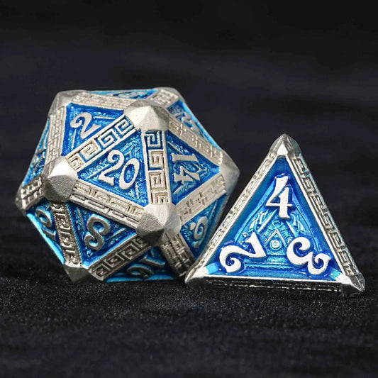 Silver and Blue Greek-Inspired Metal DND Dice Set — 7-Piece Zinc Alloy TTRPG Dice