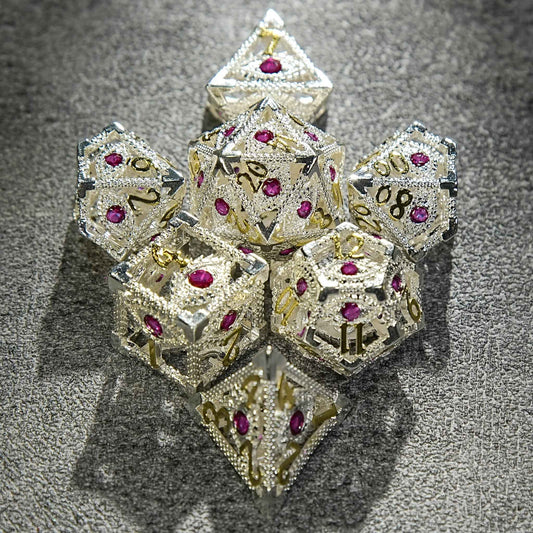 Silver Pink Gem Dragon Eye Hollow Metal DND Dice Set — 7-Piece TTRPG Dice