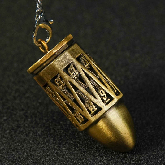 Antique Gold Bullet-Shape D20 Dice Cage Necklace + 7 Mini Metal DND Dice Set