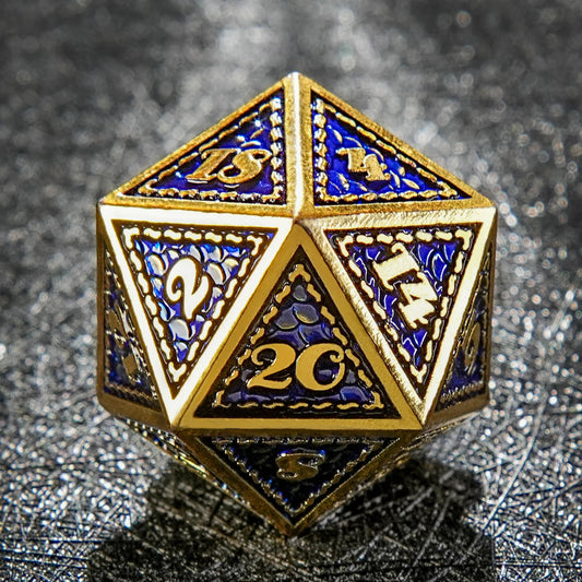 Vintage Luxury: Gold Blue Dragon Scale Metal DND Dice Set