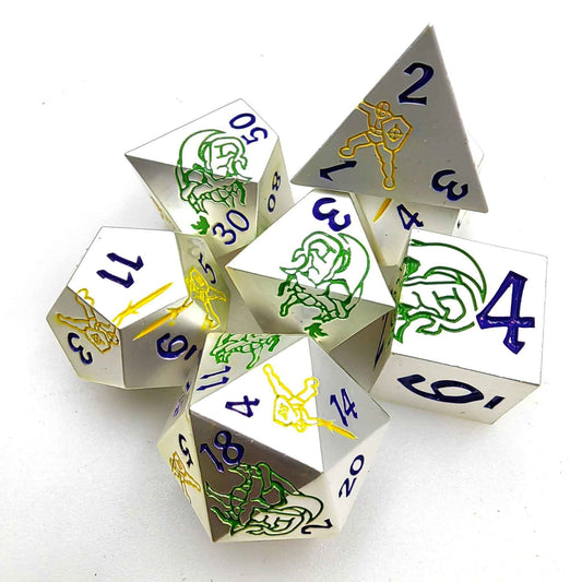 White Metal DND Dice Set — Yellow Warrior and Green Dragon 7-Piece Zinc Alloy TTRPG Dice
