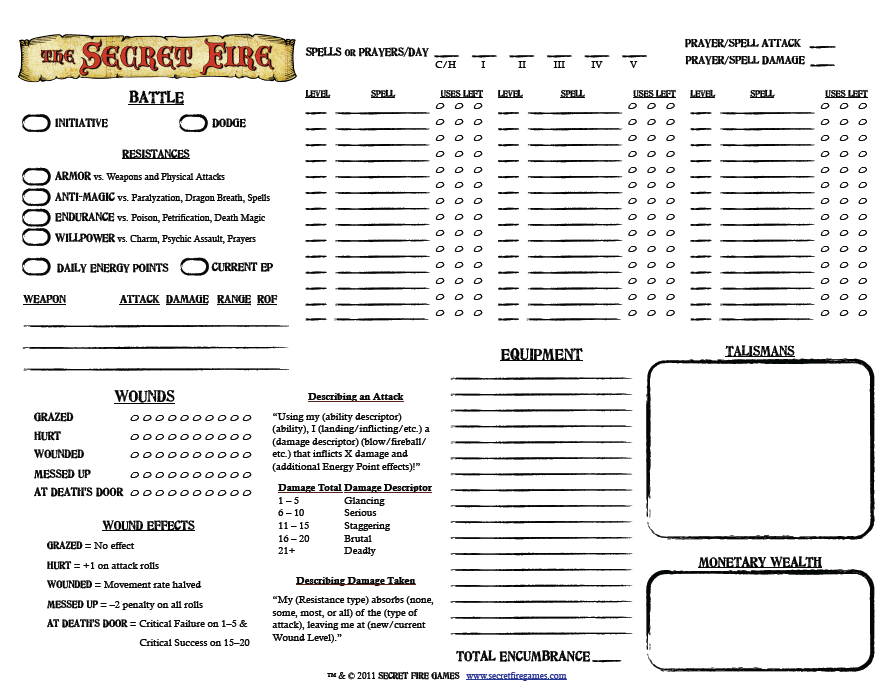 The Secret Fire RPG Character Sheet