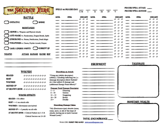 The Secret Fire RPG Character Sheet