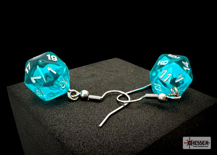 Hook Earrings Translucent Teal Mini-Poly d20 Pair
