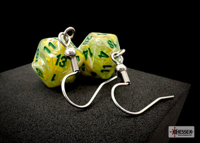 Hook Earrings Marble Green Mini-Poly d20 Pair
