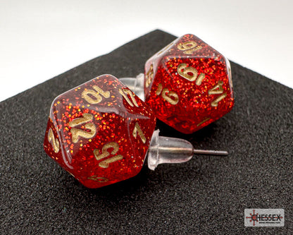 Stud Earrings Glitter Ruby Mini-Poly d20 Pair