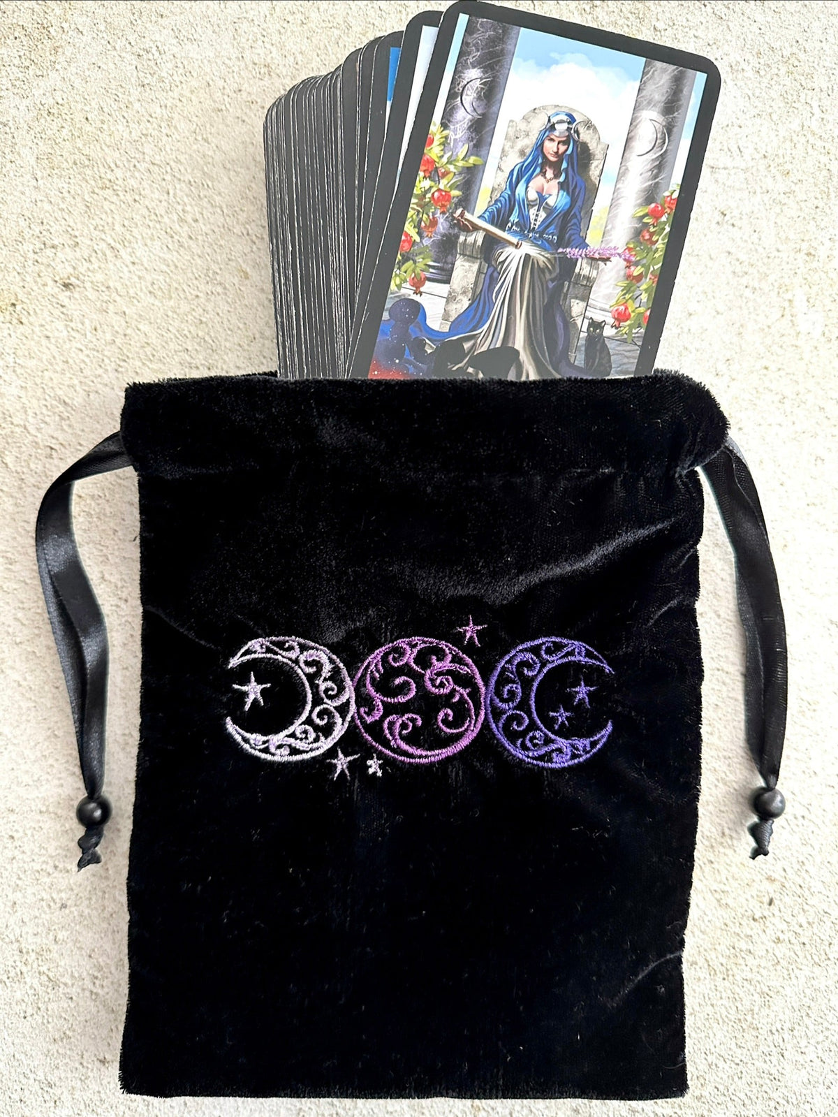 Triple Moon Velvet Tarot Bag with Drawstring – Witchy Gift for Tarot & Oracle Lovers