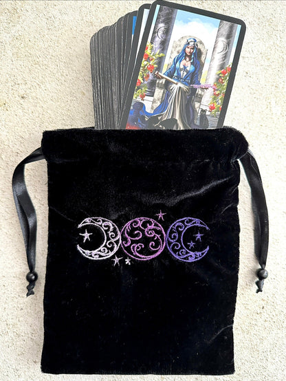 Triple Moon Velvet Tarot Bag with Drawstring – Witchy Gift for Tarot & Oracle Lovers