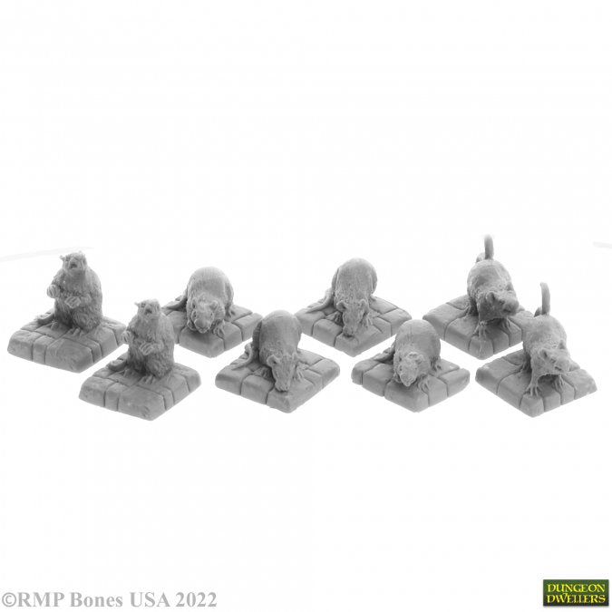 Bones Dungeon Dwellers: Dire Rats (8-Pack) - Unpainted RPG Miniatures