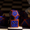Burnt Orange with Blue Irregular Pattern Fill: 7-Piece Acrylic Dice Set