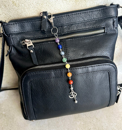 7 Chakra Crystal Gemstone Bag Charm Keychain with Silver Om