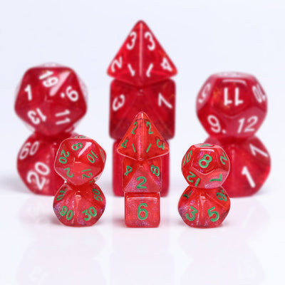 Glitter Red 7-Dice Mini-Dice RPG Set w/Green Numbers Miniature Dice