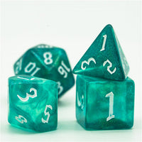 Blue-Green Glitter Party Dice (White font) 7-Dice Set RPG DND