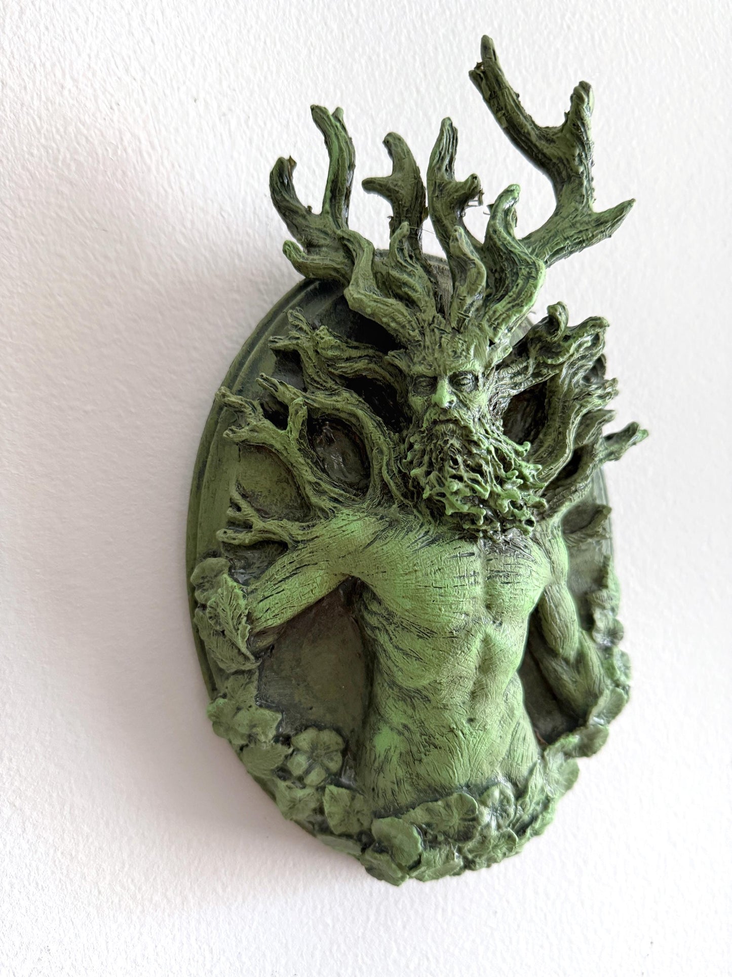 Green Man / Cernunnos Wall Plaque – Hand Painted Resin Relief Sculpture