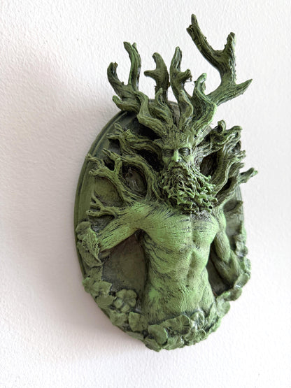 Green Man / Cernunnos Wall Plaque – Hand Painted Resin Relief Sculpture