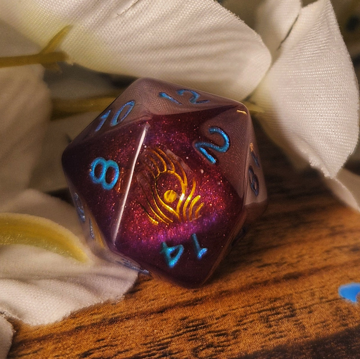 Mollymauk Inspired D20 – Handmade Royal-Purple & Red Gaming Die with Gold Leaf, Teal Numbers & Peacock Feather