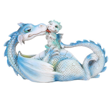 Dragon with Baby Figurine – Hand-Painted White & Blue Resin Dragon Family Decor