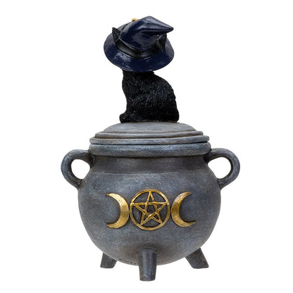 Black Cat on Cauldron Trinket Box – Witch Hat Cat Resin Figurine & Halloween Decor