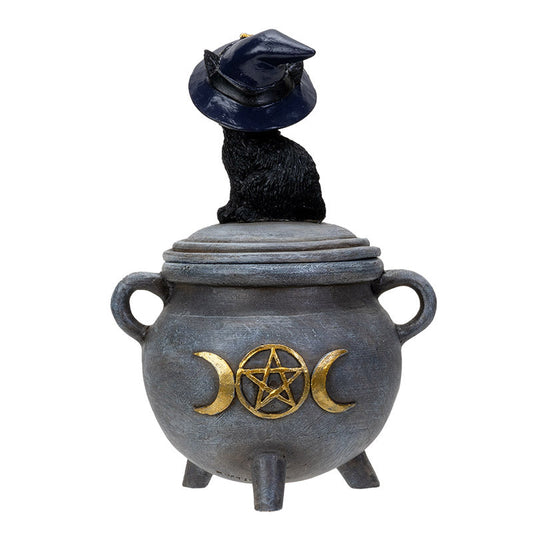 Black Cat on Cauldron Trinket Box – Witch Hat Cat Resin Figurine & Halloween Decor