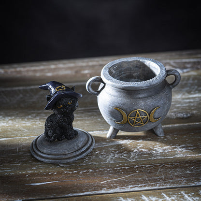 Black Cat on Cauldron Trinket Box – Witch Hat Cat Resin Figurine & Halloween Decor