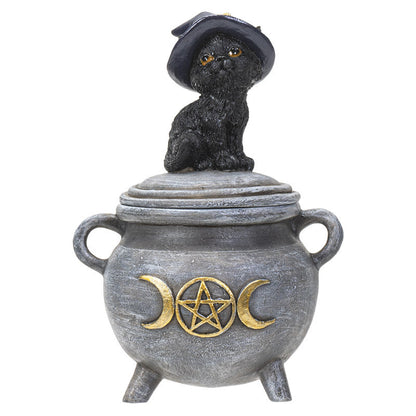 Black Cat on Cauldron Trinket Box – Witch Hat Cat Resin Figurine & Halloween Decor
