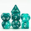 Blue-Green Glitter Party Dice (White font) 7-Dice Set RPG DND