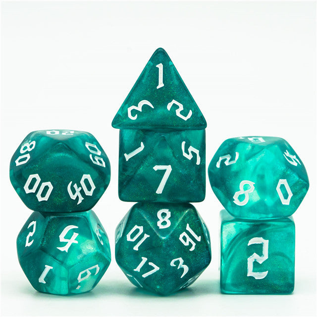 Blue-Green Glitter Party Dice (White font) 7-Dice Set RPG DND