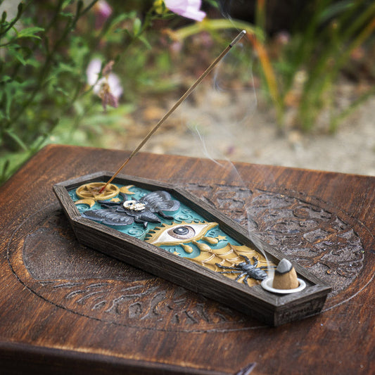 Coffin Incense Burner – Stick & Cone Incense Holder with Skulls, Moths & Pentacle