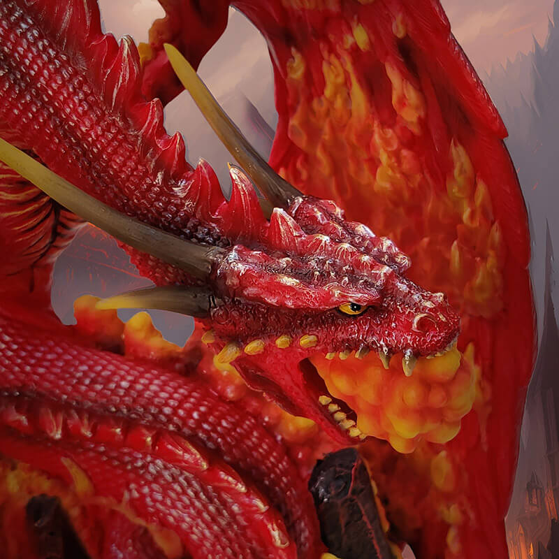 Asher Fire Dragon Figurine - Derek W. Frost Red Dragon & Volcano Resin Statue