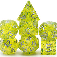 Green Cloud Brocade Powder 7-Dice Dnd Dice | Glitter w/Silver Numbers Set
