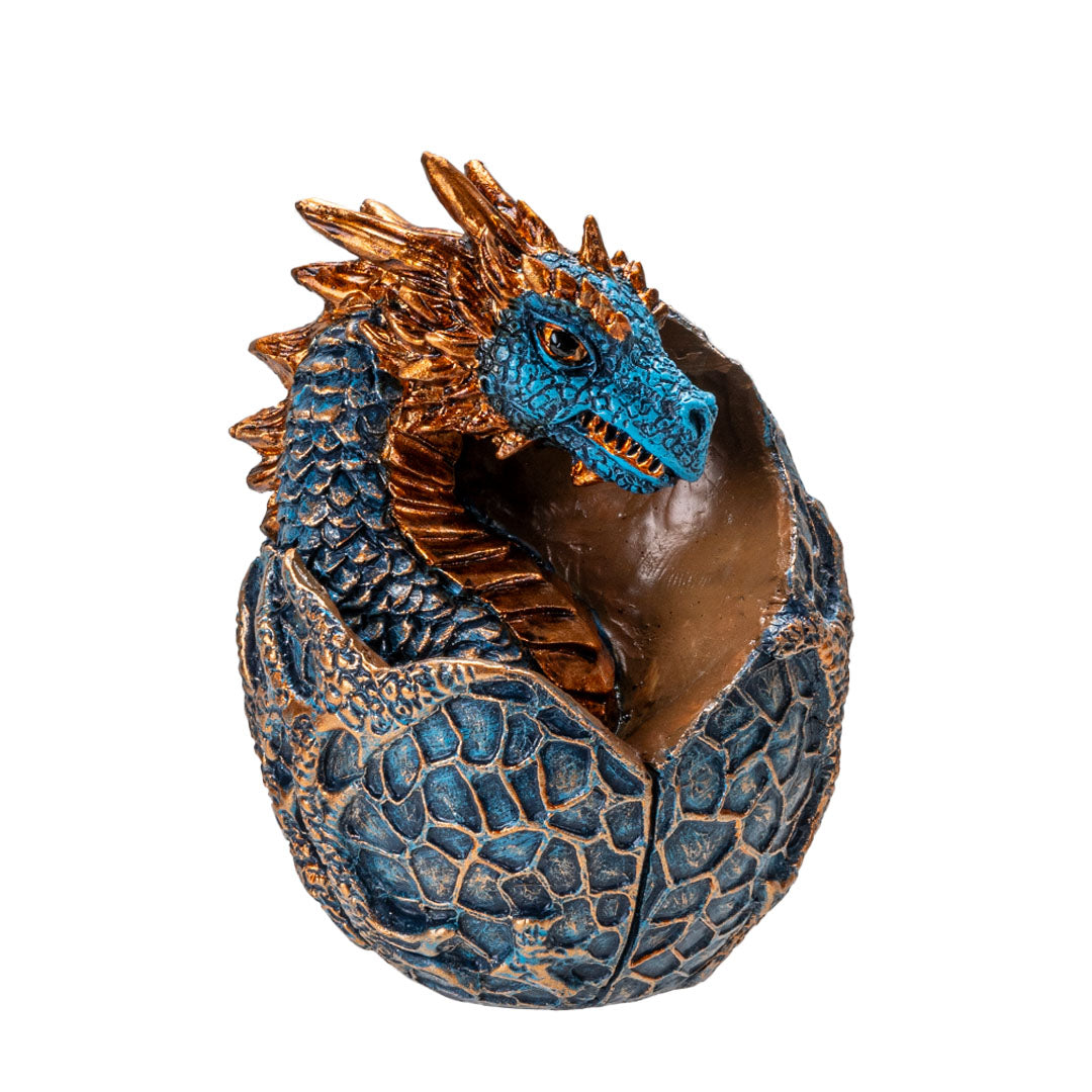 Blue & Gold Dragon Hatchling in Egg Figurine – Hand-Painted Cold Cast Bronze Fantasy Decor