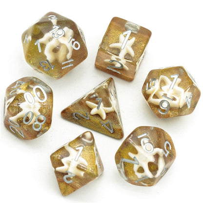 White Starfish Dice on Gold 7-Dice Set Resin Dungeons and Dragons Dice