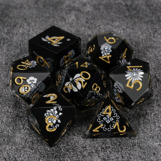 Black resin DND dice set with silver-white vintage magic emblem + gold numbers
