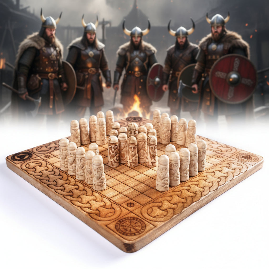 Hnefatafl Viking Chess Set - Handcrafted Teakwood Board with Ox-Bone Pieces