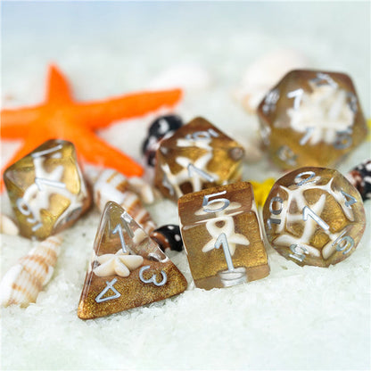 White Starfish Dice on Gold 7-Dice Set Resin Dungeons and Dragons Dice