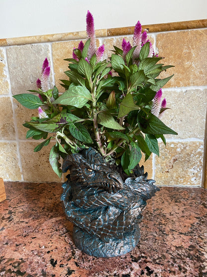 Coiled Dragon Planter, Large Version |  Unique Mythic Creature Home Decor | Resin Sculpture Snake Vase, Fantasy Art and Gothic Home Decor