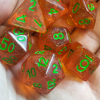 Time Walker | Orange w/Green Glitter 7-Dice Set RPG Dice Set