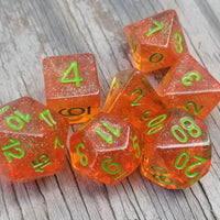 Time Walker | Orange w/Green Glitter 7-Dice Set RPG Dice Set