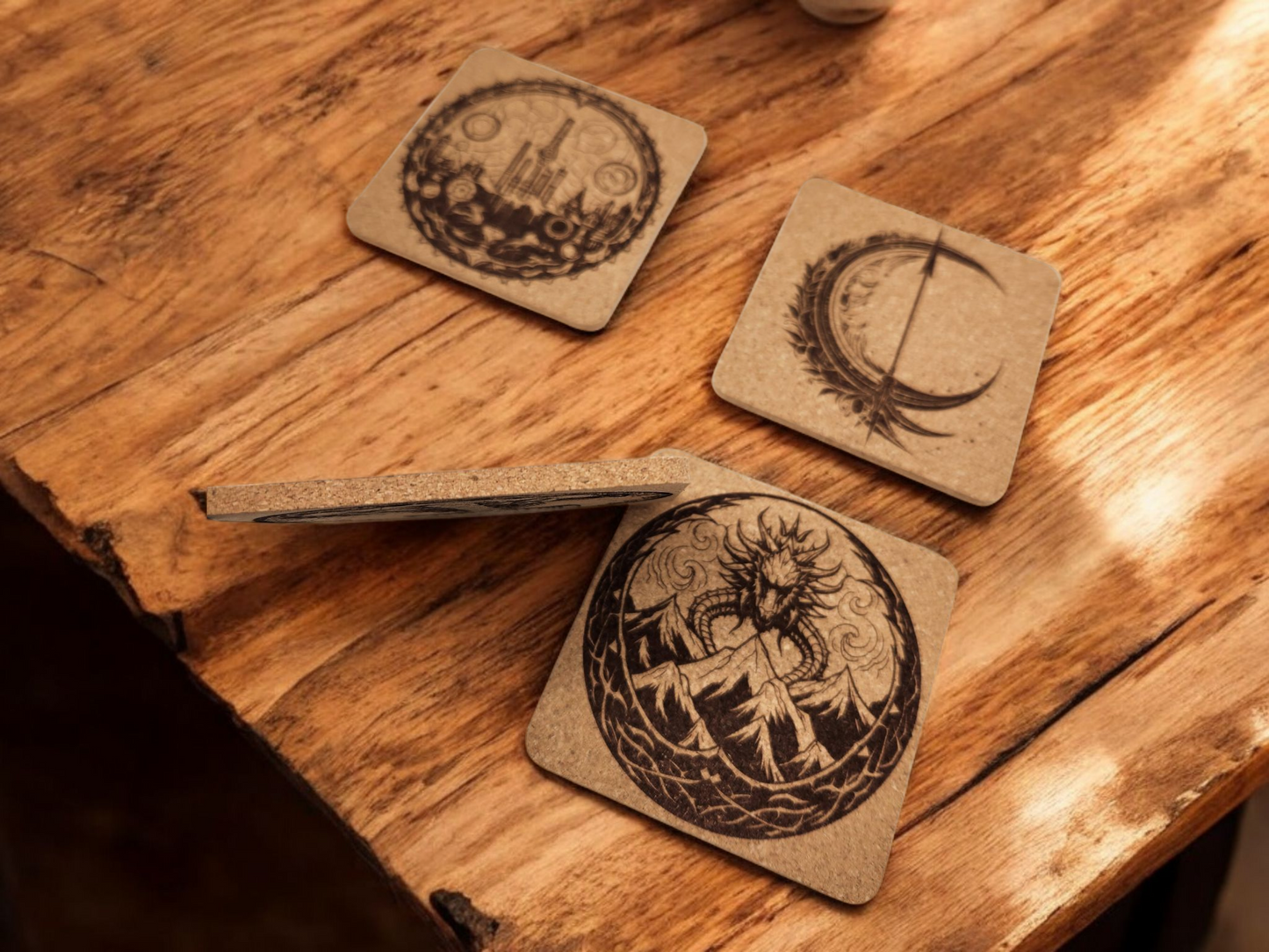 Set of 4 Fantasy-Themed Cork Coasters