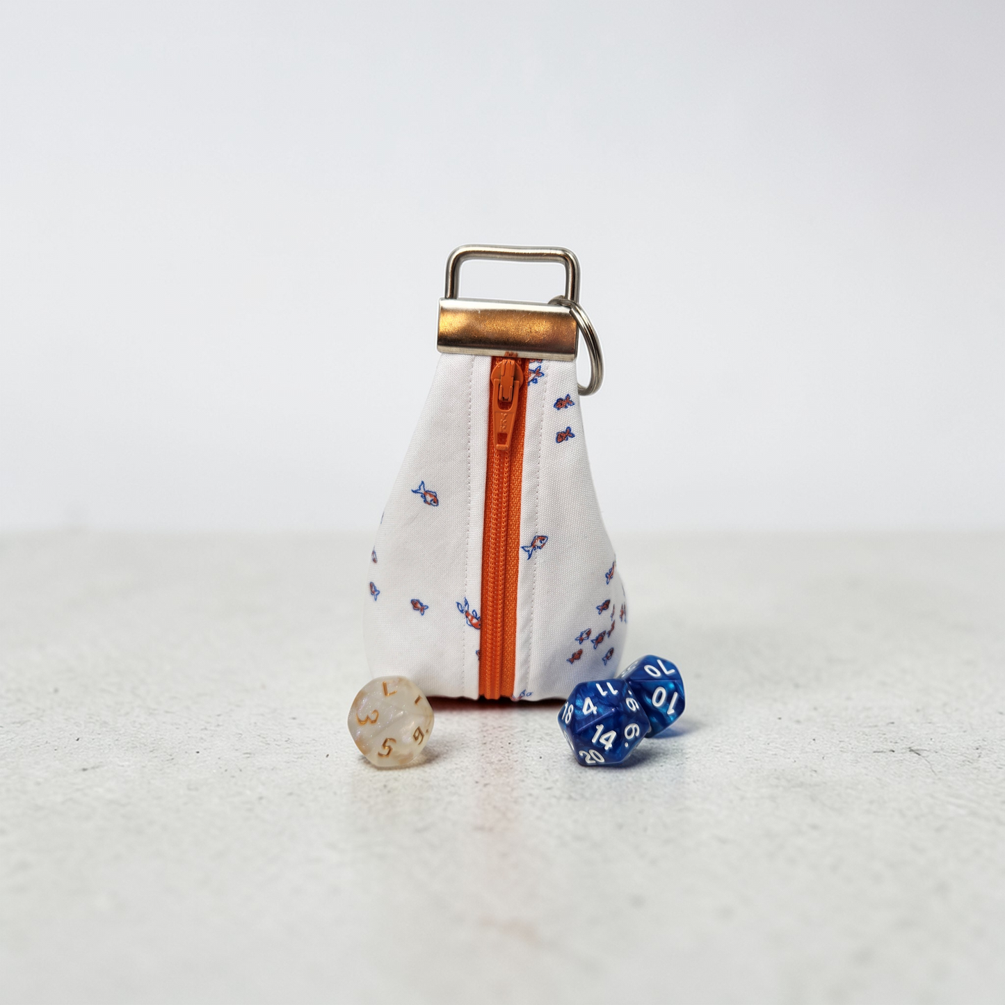 Keychain dice pouch, goldfish themed.