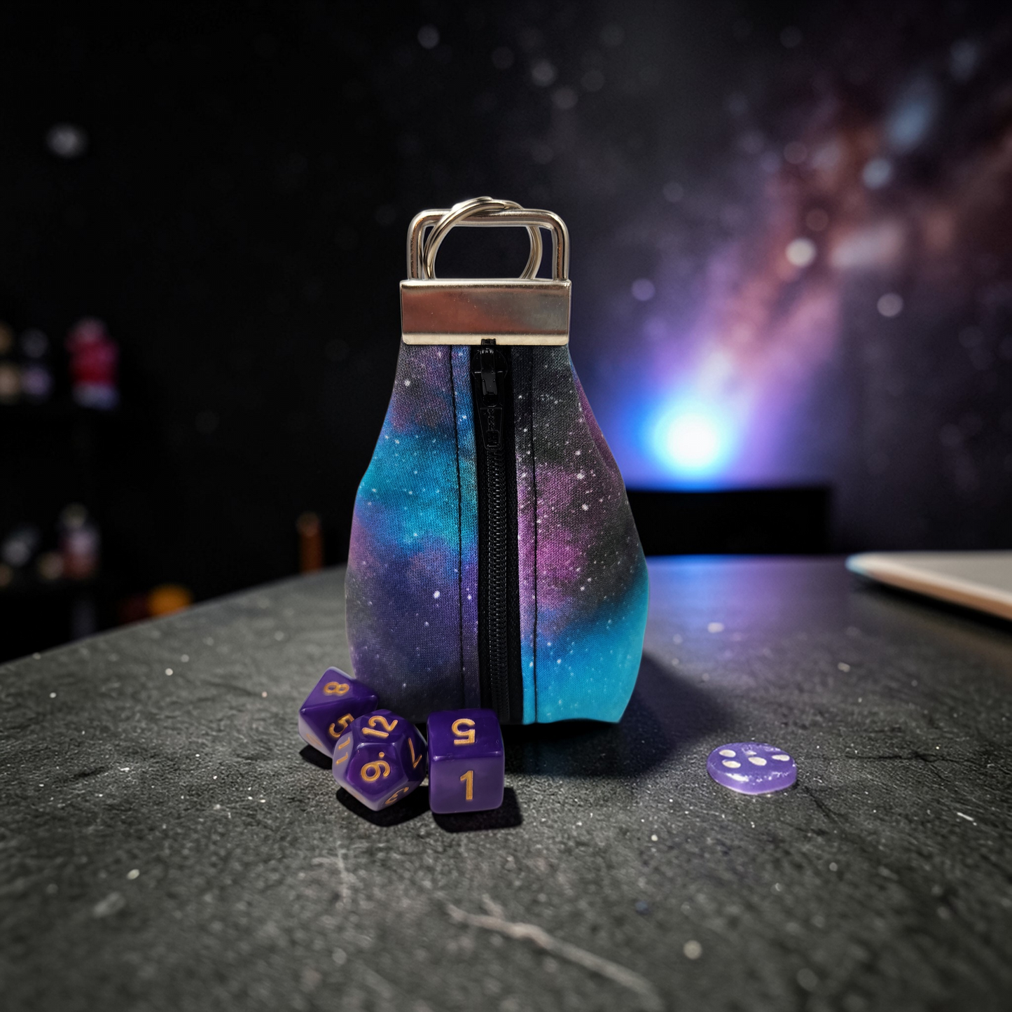 Keychain dice pouch, galaxy themed