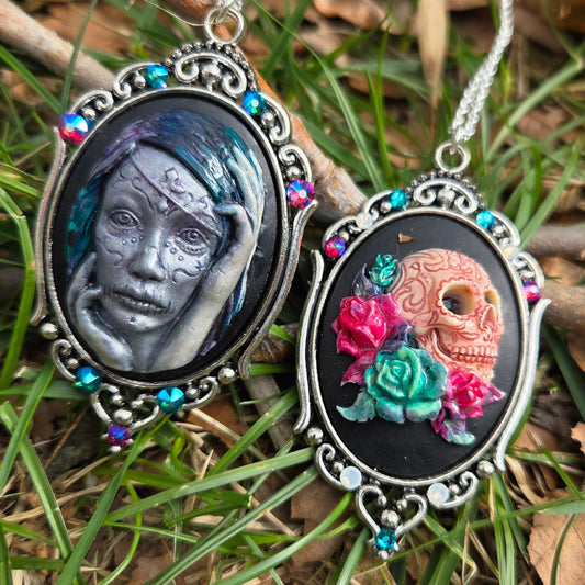 Individual Large Painted Glow in the Dark OOAK Cameo Pendant Necklaces with Swarovski Crystals