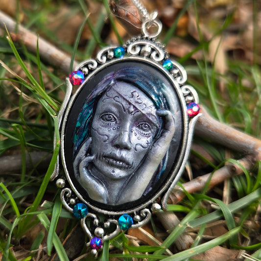 Individual Large Painted Glow in the Dark OOAK Cameo Pendant Necklaces with Swarovski Crystals