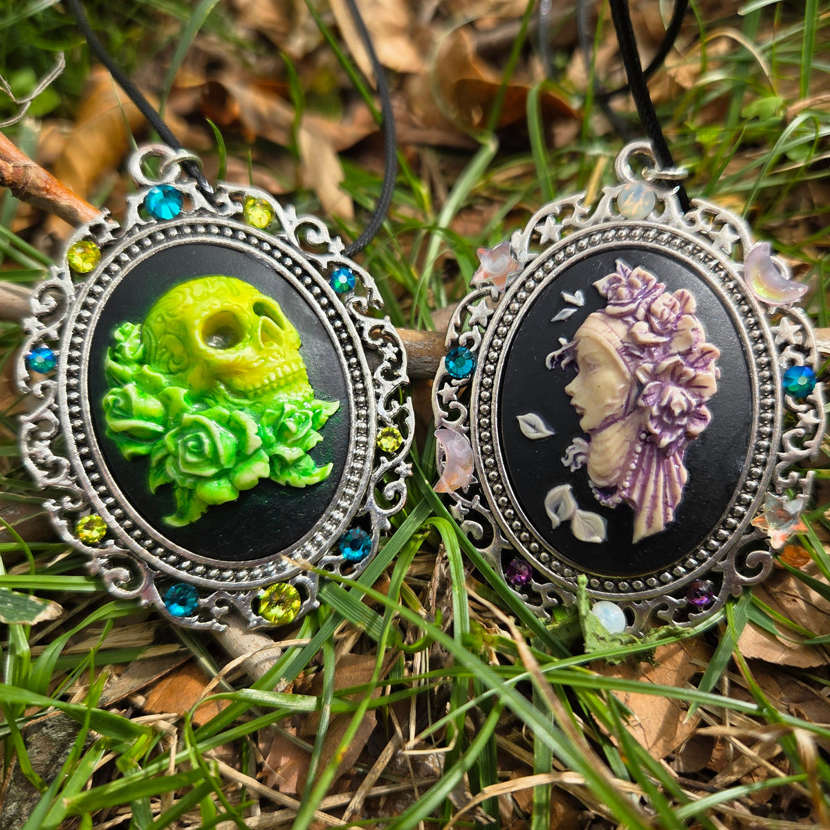 Individual Large Painted Glow in the Dark OOAK Cameo Pendant Necklaces with Swarovski Crystals