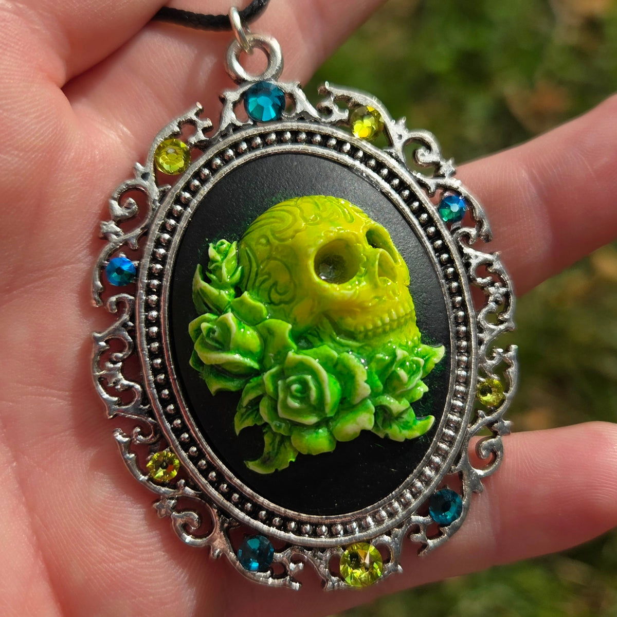 Individual Large Painted Glow in the Dark OOAK Cameo Pendant Necklaces with Swarovski Crystals