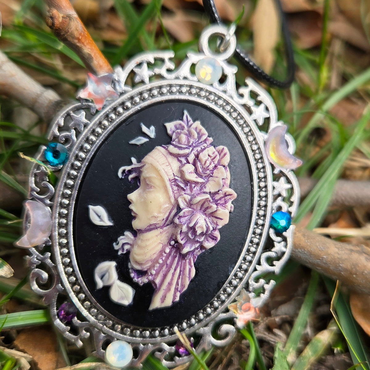 Individual Large Painted Glow in the Dark OOAK Cameo Pendant Necklaces with Swarovski Crystals