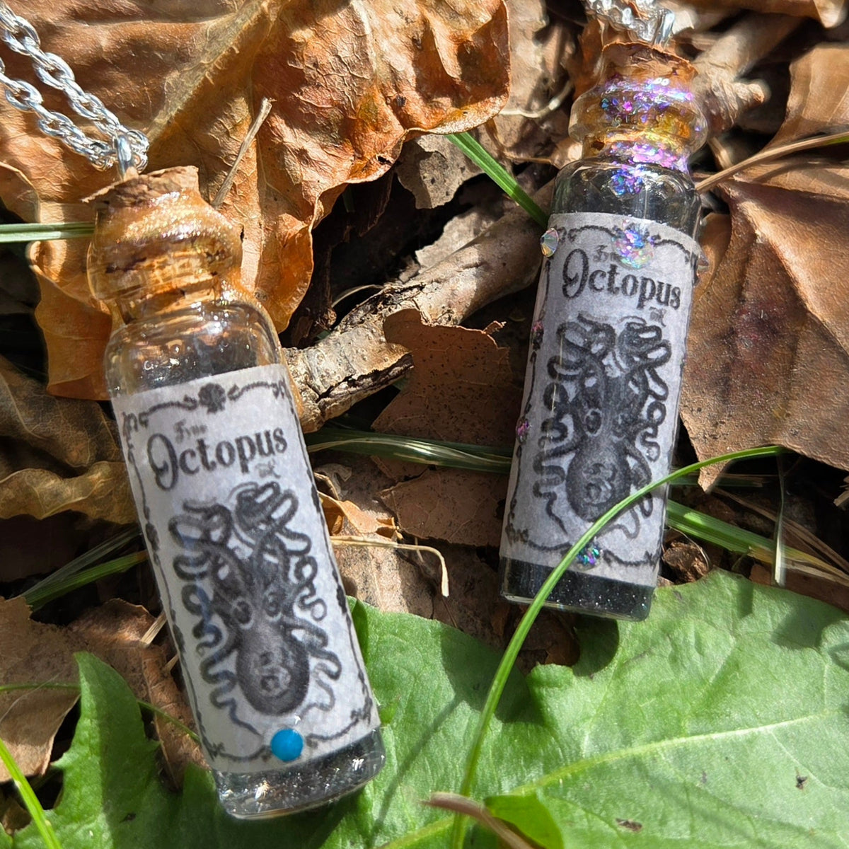 Octopus Ink – Handmade Black & Silver Liquid Potion Bottle Necklace with Swarovski Crystals