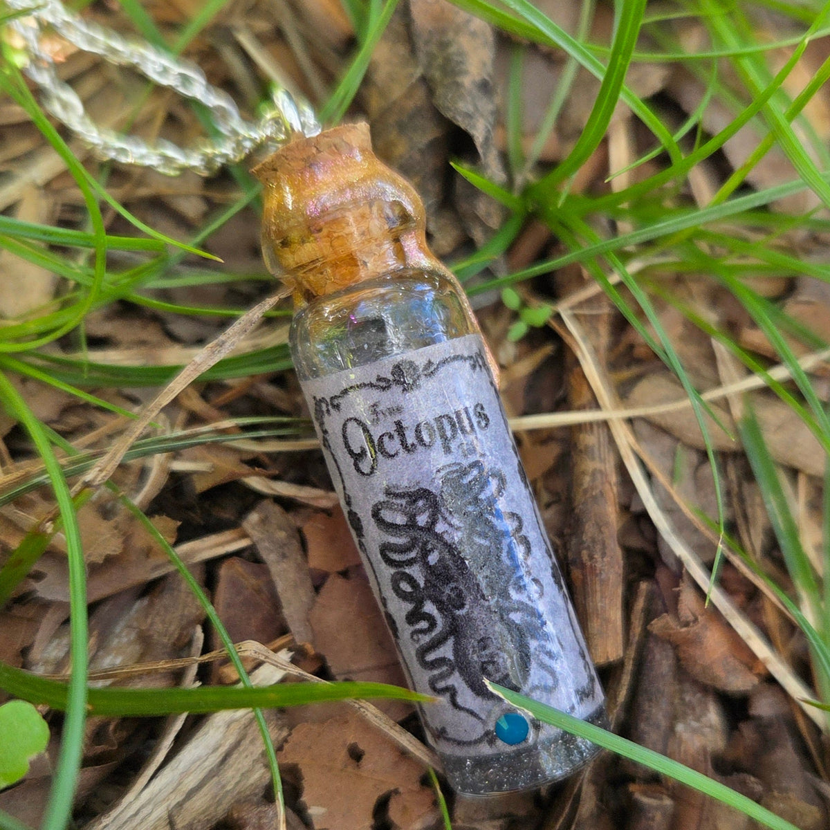 Octopus Ink – Handmade Black & Silver Liquid Potion Bottle Necklace with Swarovski Crystals