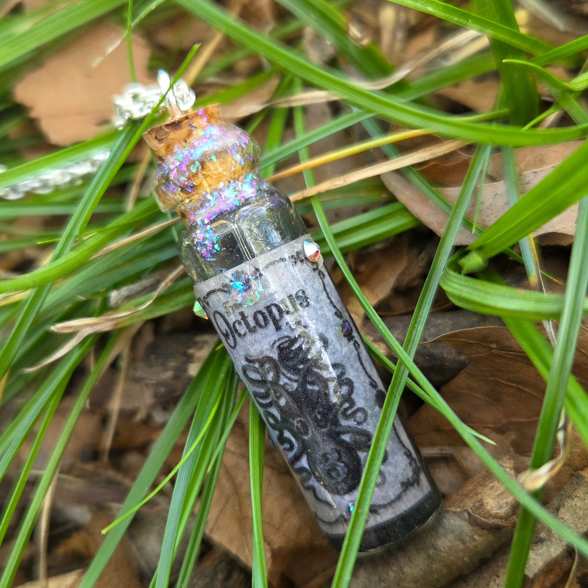Octopus Ink – Handmade Black & Silver Liquid Potion Bottle Necklace with Swarovski Crystals